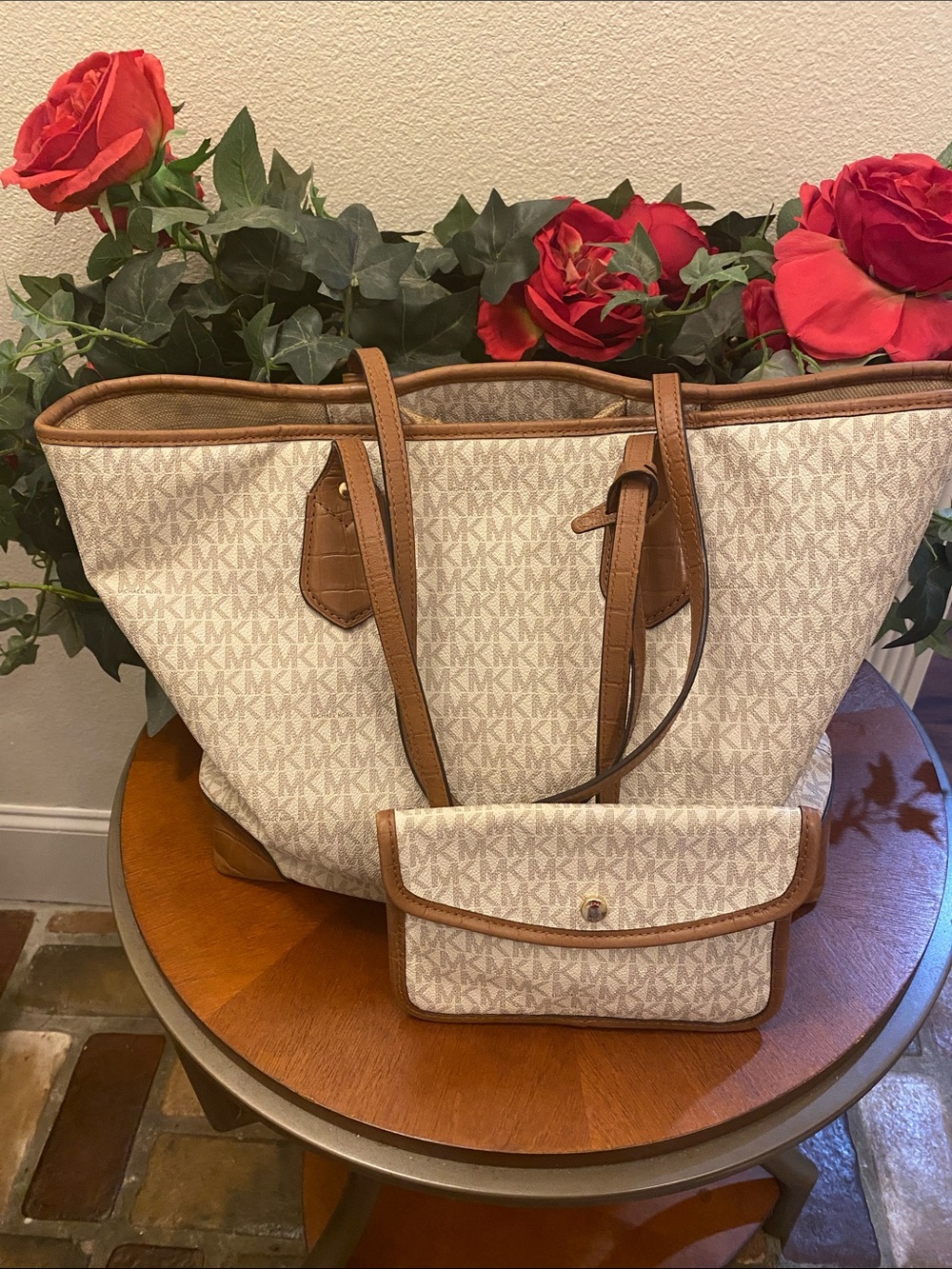 Michael Kors Cream and Brown MK Logo Tote with Matching Wristlet